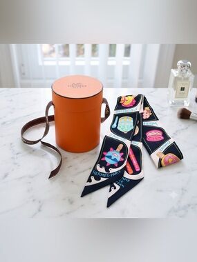 HERMES Silk Twilly Scarf Funny Ice Cream Black